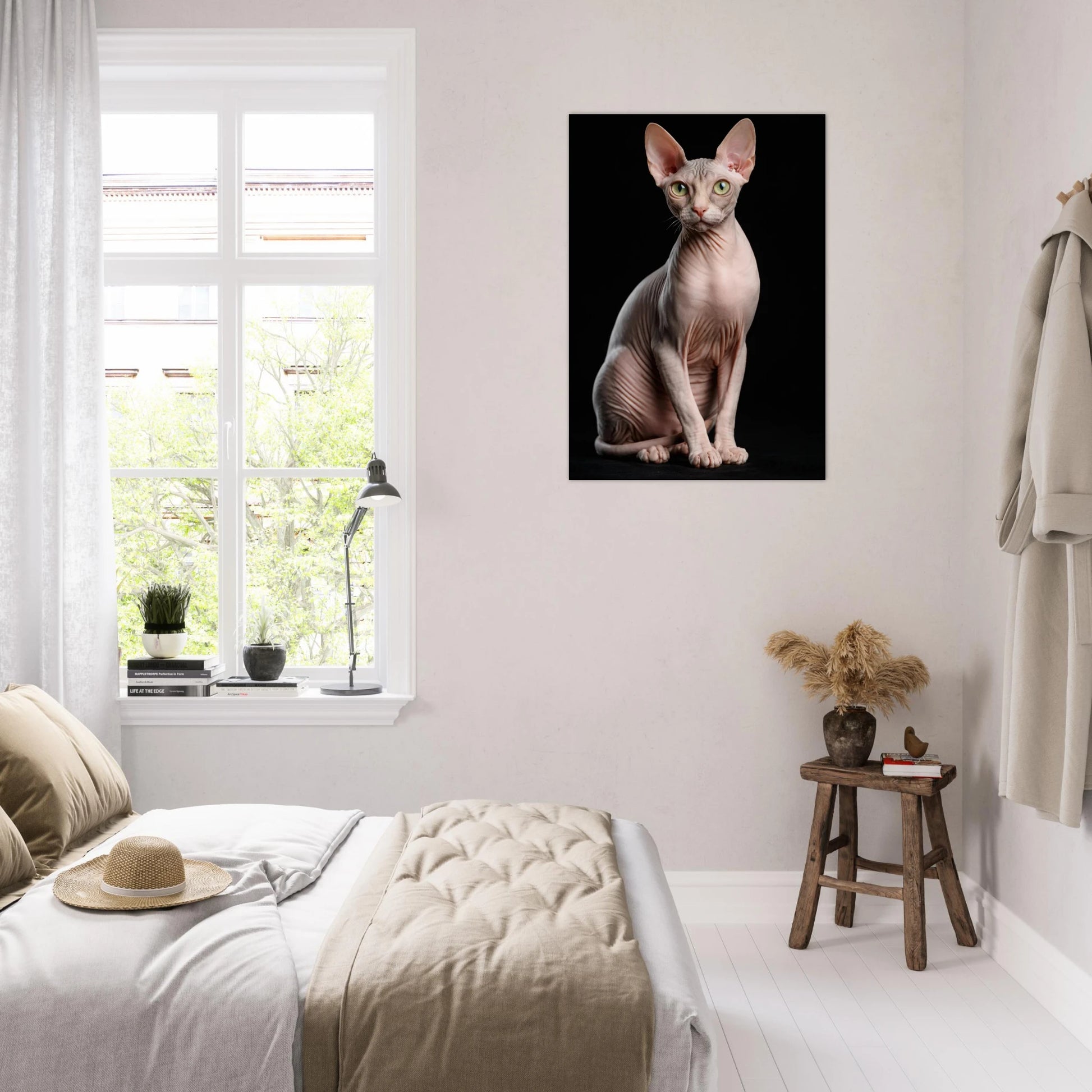 Sphynxkatt poster upphängd i ett ljust sovrum med säng och fönster – Fotorealistisk poster