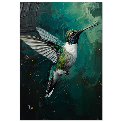 Grönskimrande kolibri i impasto-stil mot mörk turkos bakgrund med guldstänk