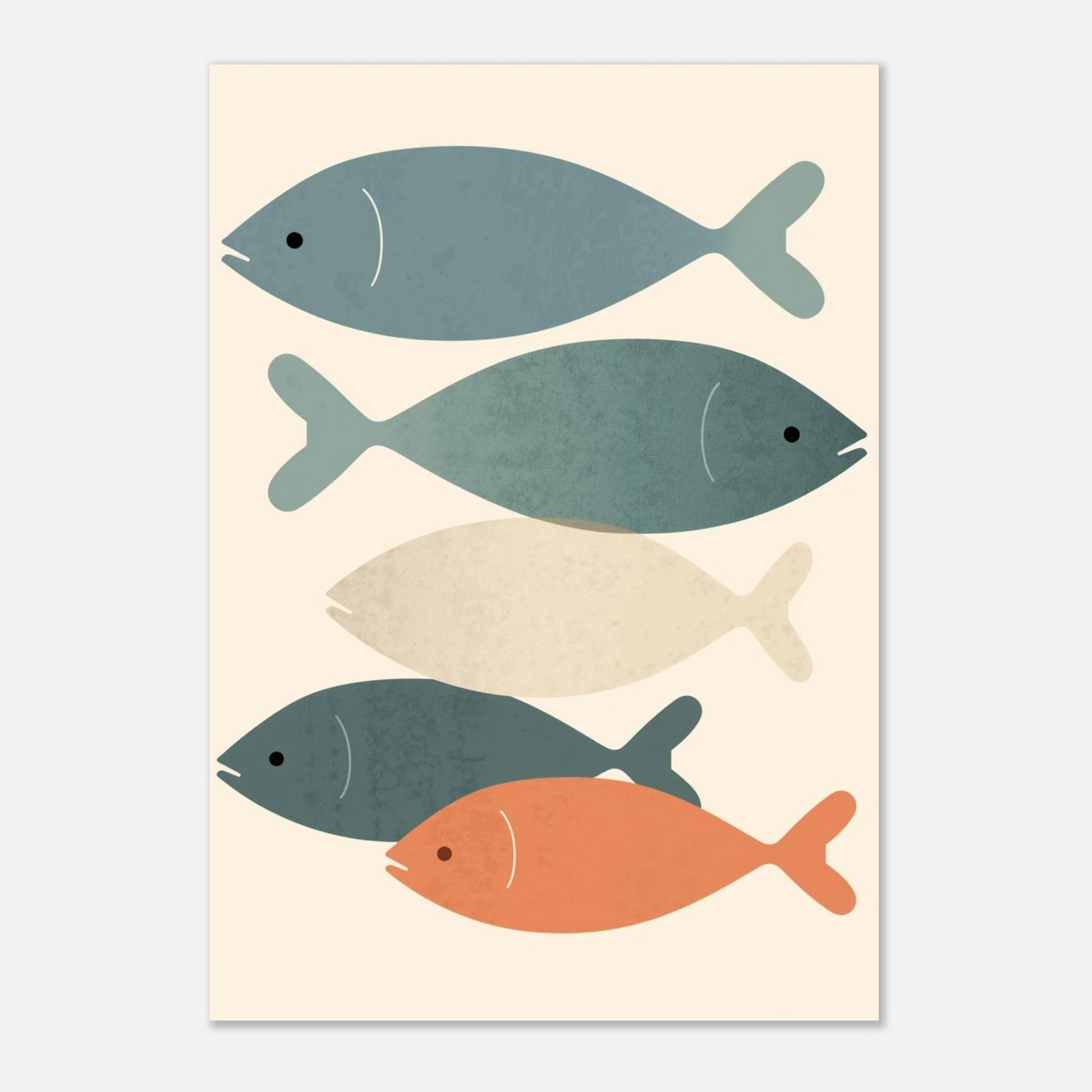 Stilren väggkonst föreställande fiskar i blå, beige och orange toner