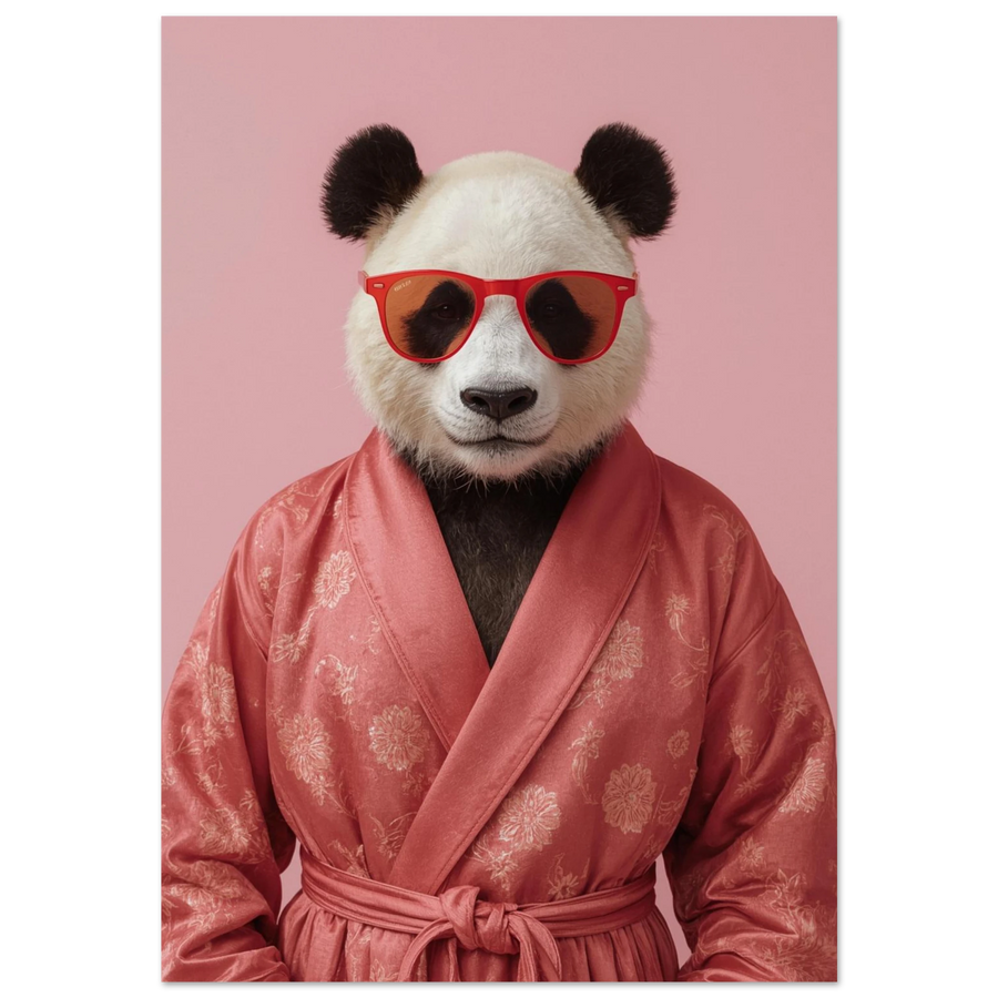 Panda i röd mönstrad sidenrock och röda solglasögon mot rosa bakgrund