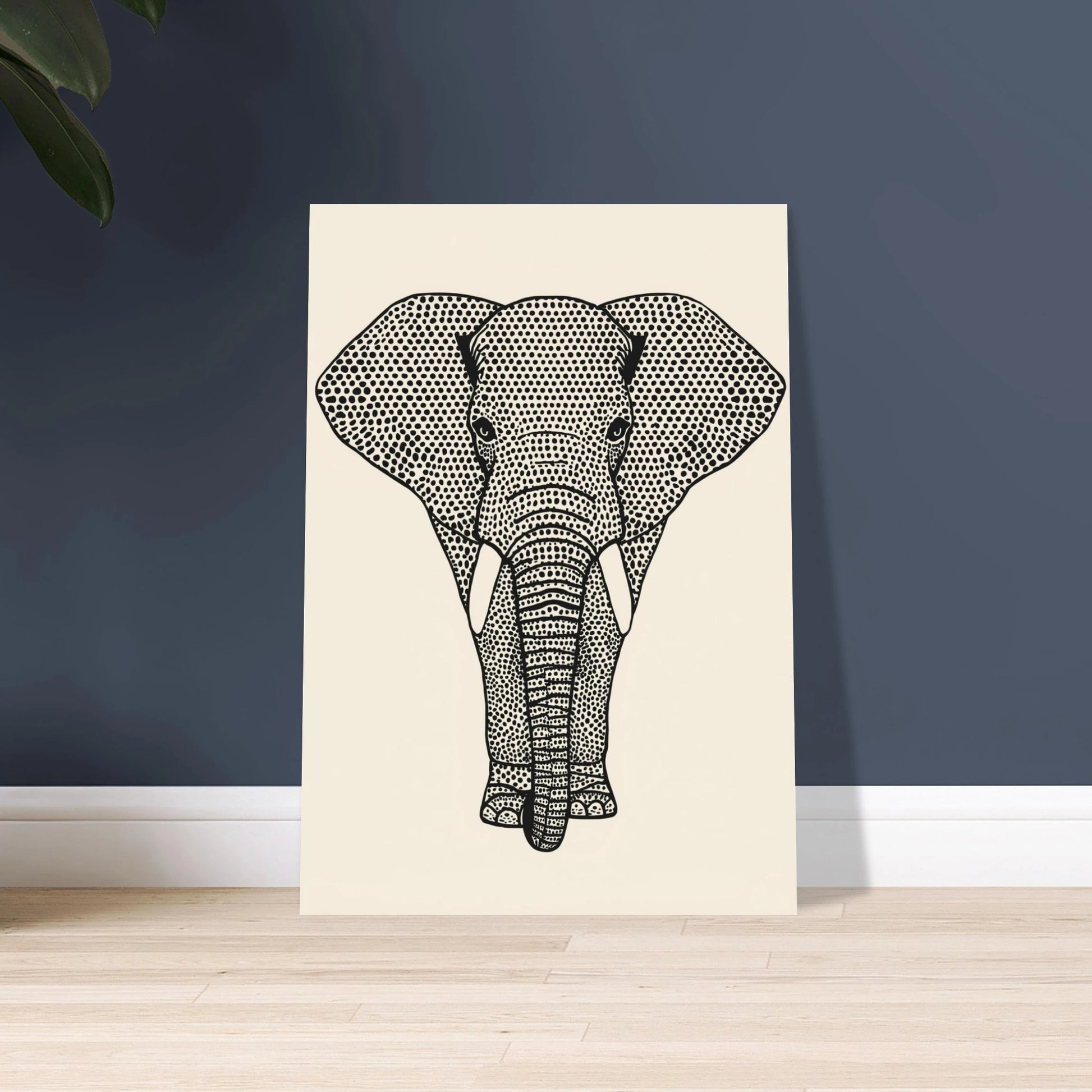 Stiliserad elefant med prickigt mönster, konstnärlig och modern design.