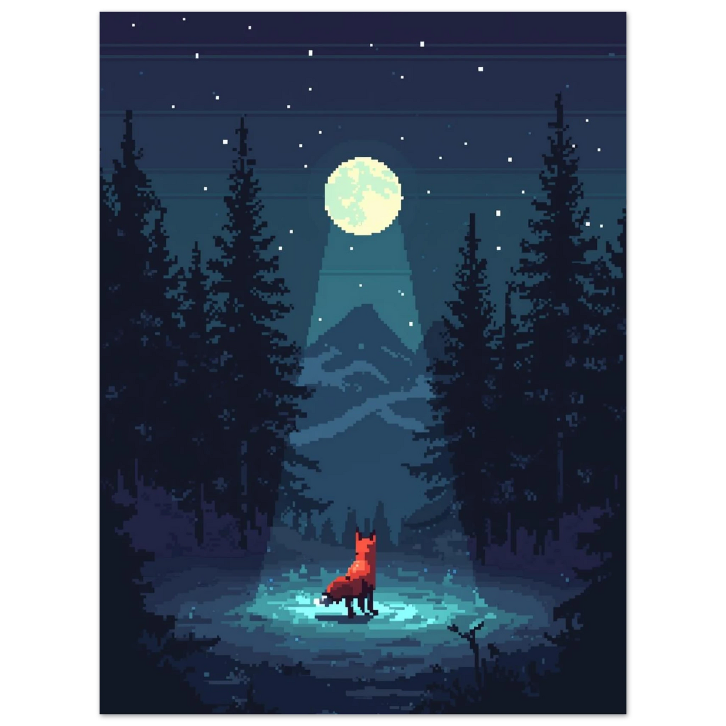 Stämningsfull djurposter med räv och berg i retro pixelstil