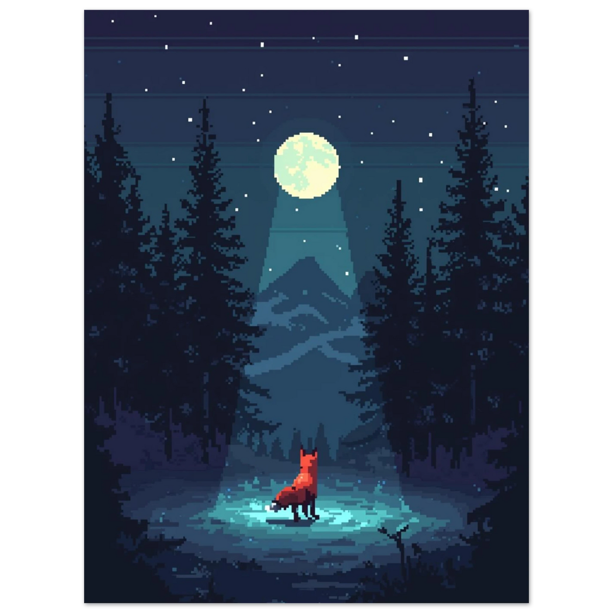 Stämningsfull djurposter med räv och berg i retro pixelstil