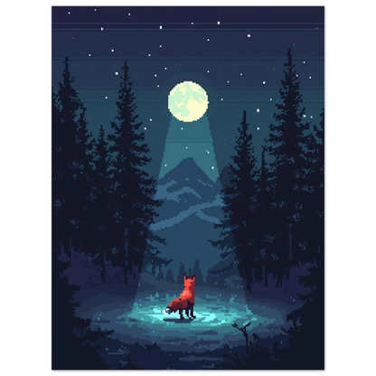 Stämningsfull djurposter med räv och berg i retro pixelstil