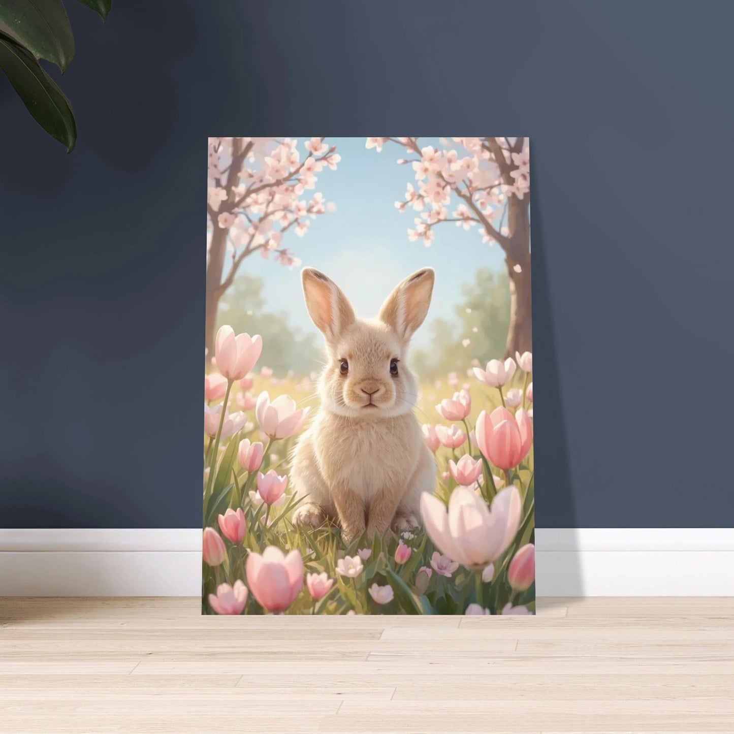 Fluffig kanin i fält av rosa tulpaner under blommande träd.