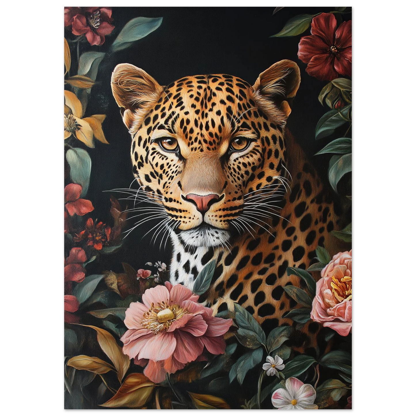 Närbild på leopardens ansikte bland färgstarka blommor, konstnärlig djurposter