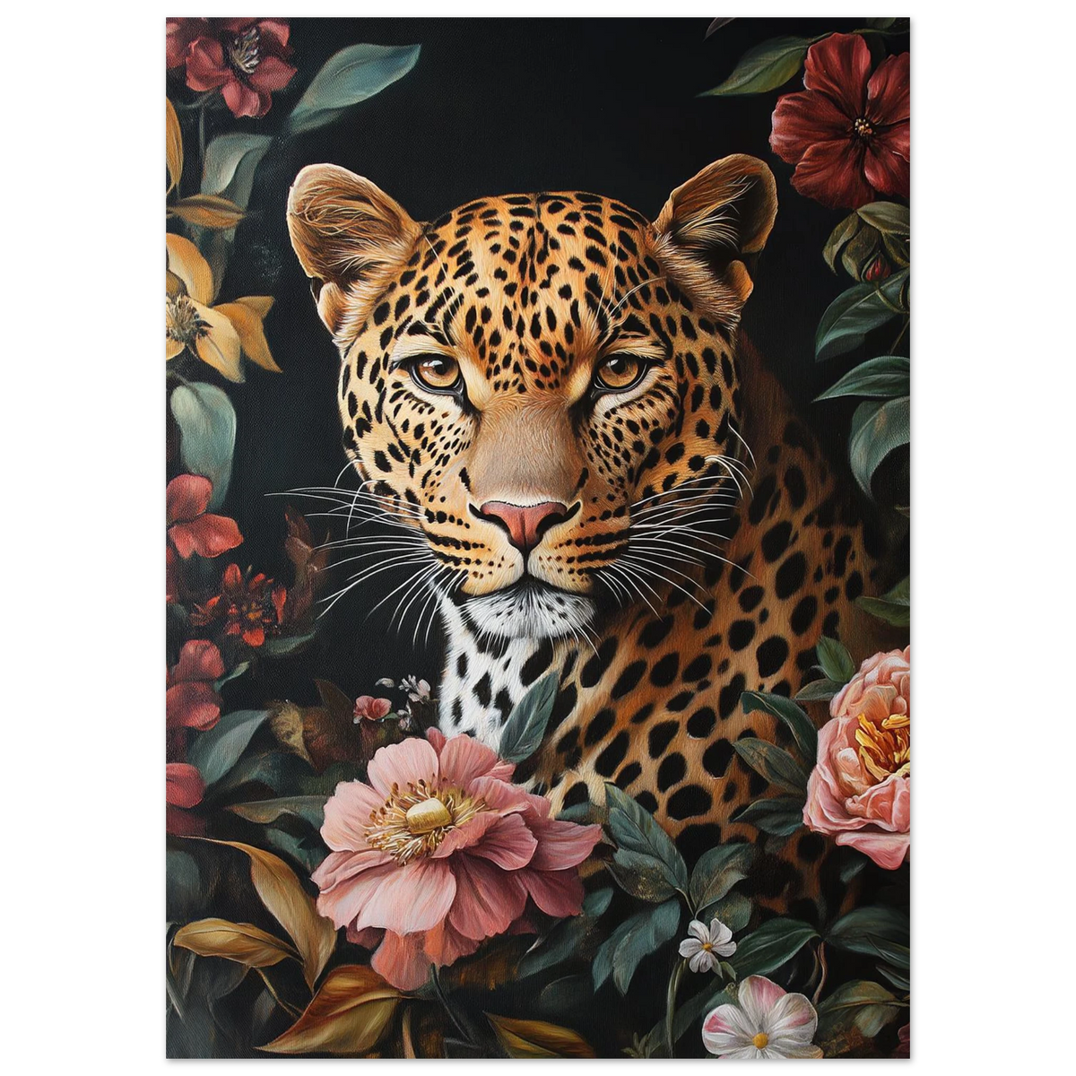 Närbild på leopardens ansikte bland färgstarka blommor, konstnärlig djurposter