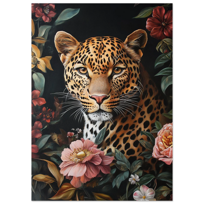 Närbild på leopardens ansikte bland färgstarka blommor, konstnärlig djurposter