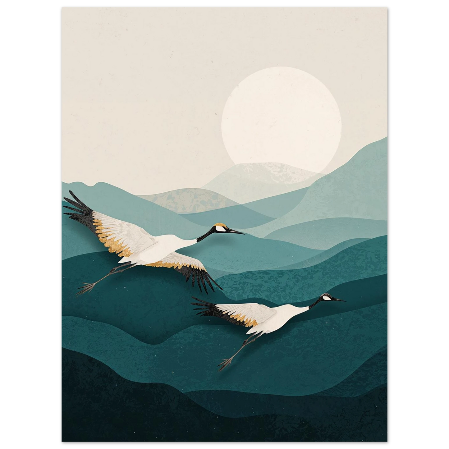 Väggkonst med fågelmotiv i lager-på-lager stil med mjuka färger – Retro poster