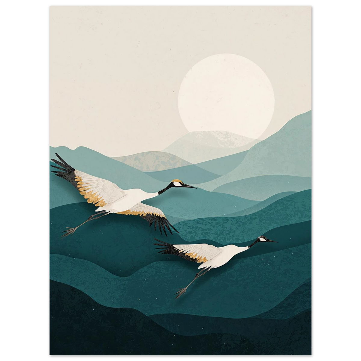 Väggkonst med fågelmotiv i lager-på-lager stil med mjuka färger – Retro poster