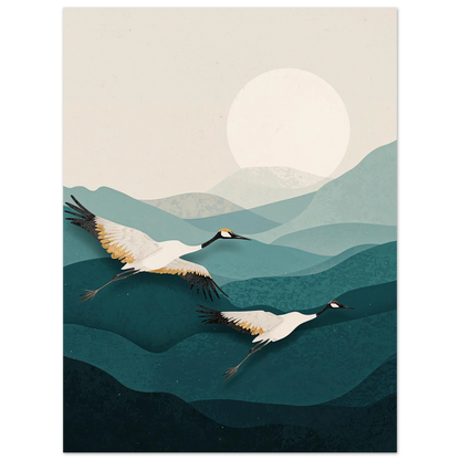 Väggkonst med fågelmotiv i lager-på-lager stil med mjuka färger – Retro poster