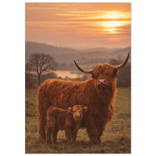 Höglandsko med kalv på en äng i mjukt solljus – Fotorealistisk Poster