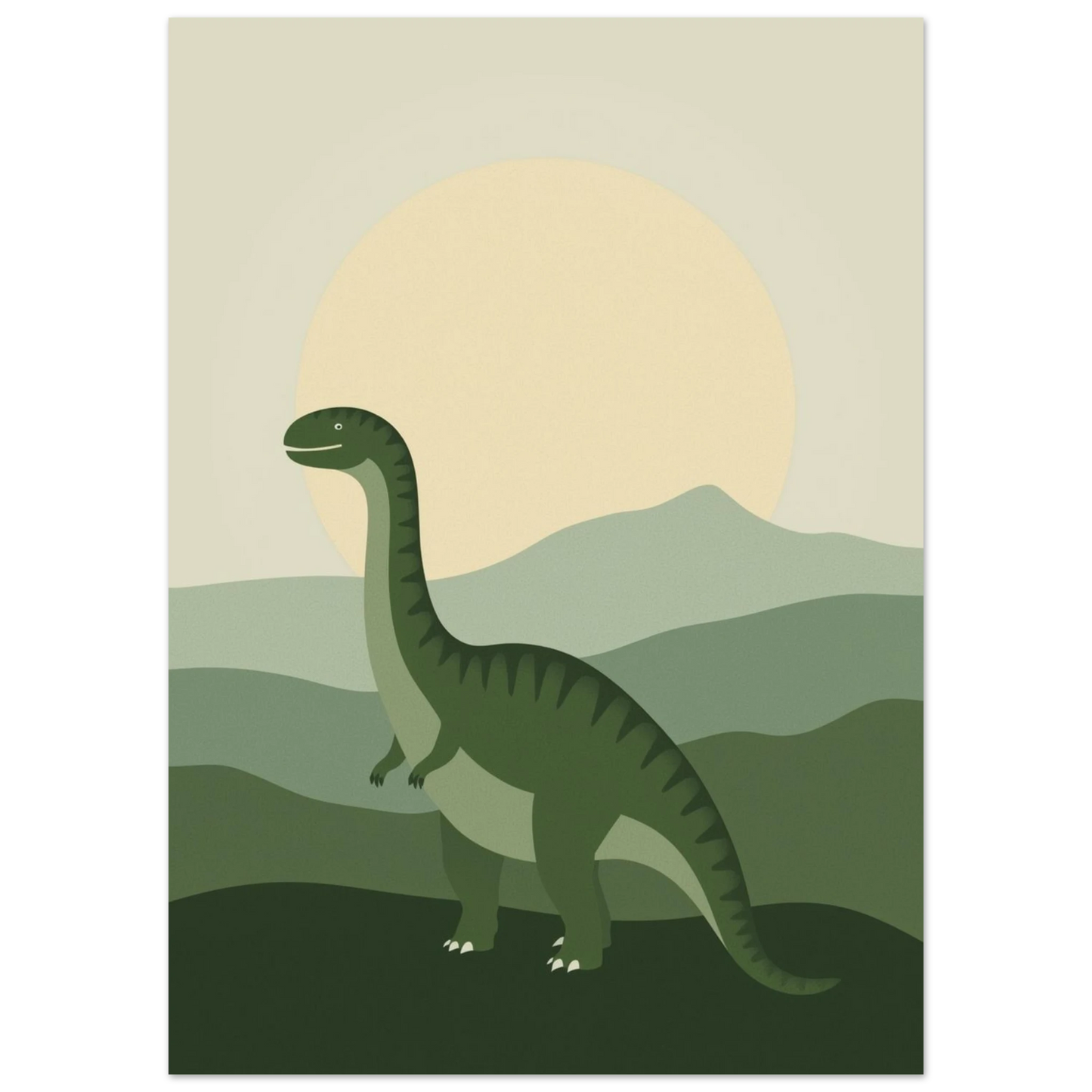 Närbild på en grön dinosaurieposter med minimalistiska kullar och blekgul måne