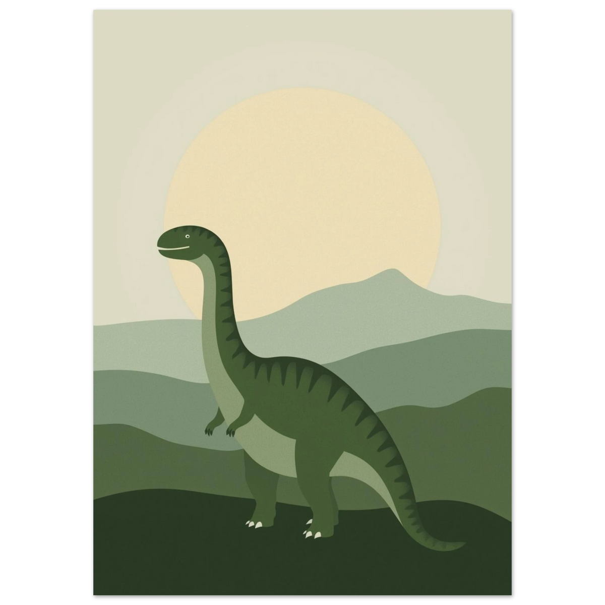 Närbild på en grön dinosaurieposter med minimalistiska kullar och blekgul måne
