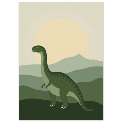 Närbild på en grön dinosaurieposter med minimalistiska kullar och blekgul måne