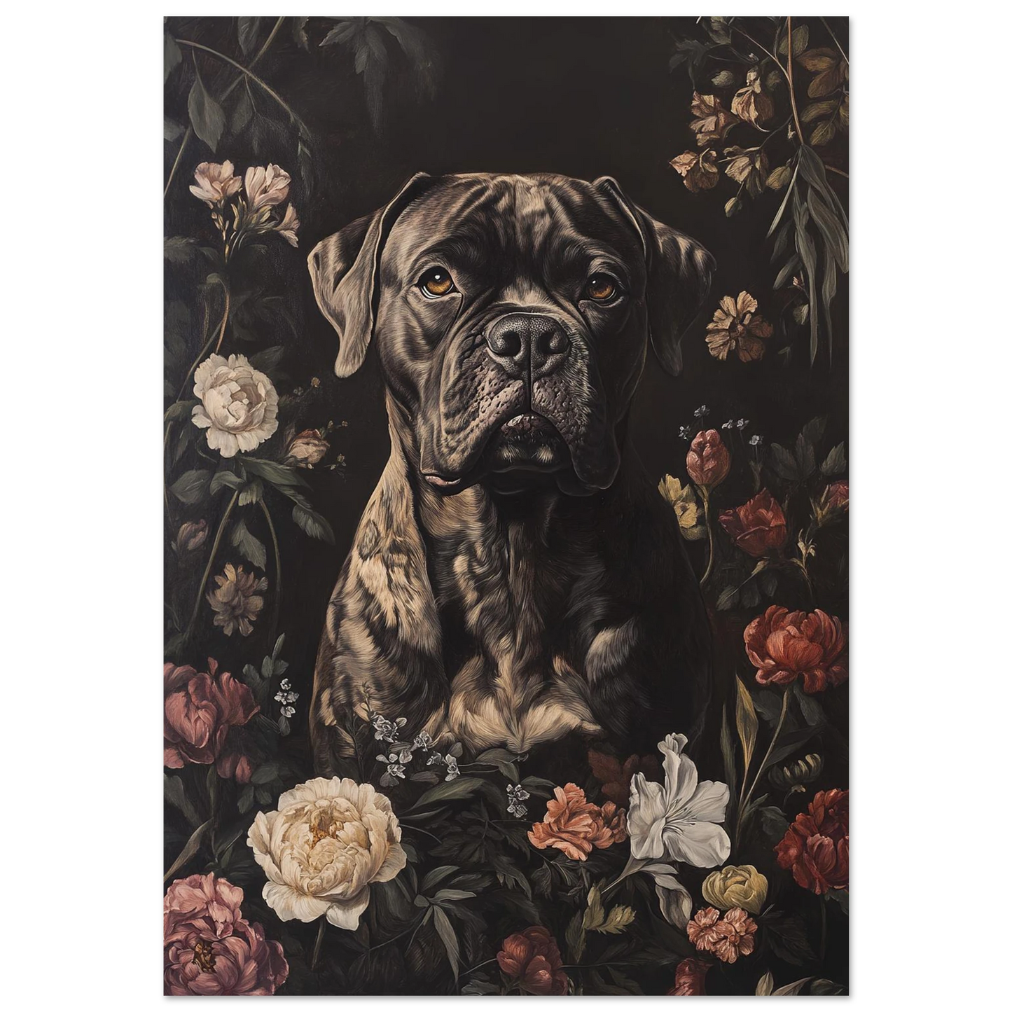 Cane Corso hundporträtt omgiven av mörka blommor – konstnärlig djurposter