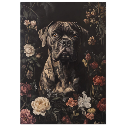Cane Corso hundporträtt omgiven av mörka blommor – konstnärlig djurposter