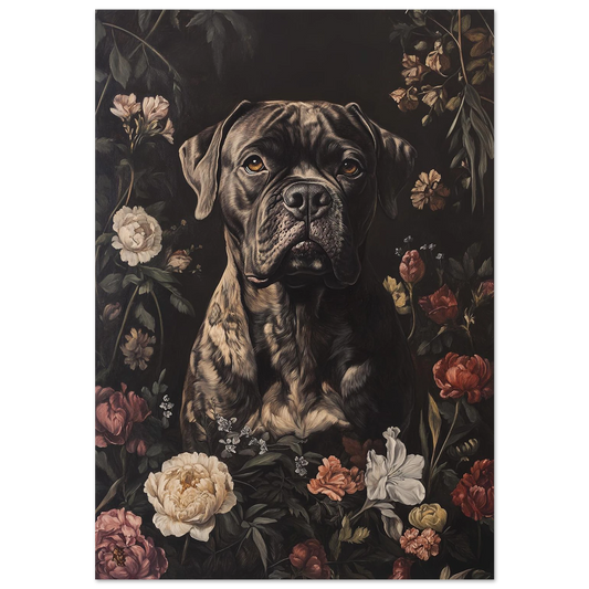 Cane Corso hundporträtt omgiven av mörka blommor – konstnärlig djurposter