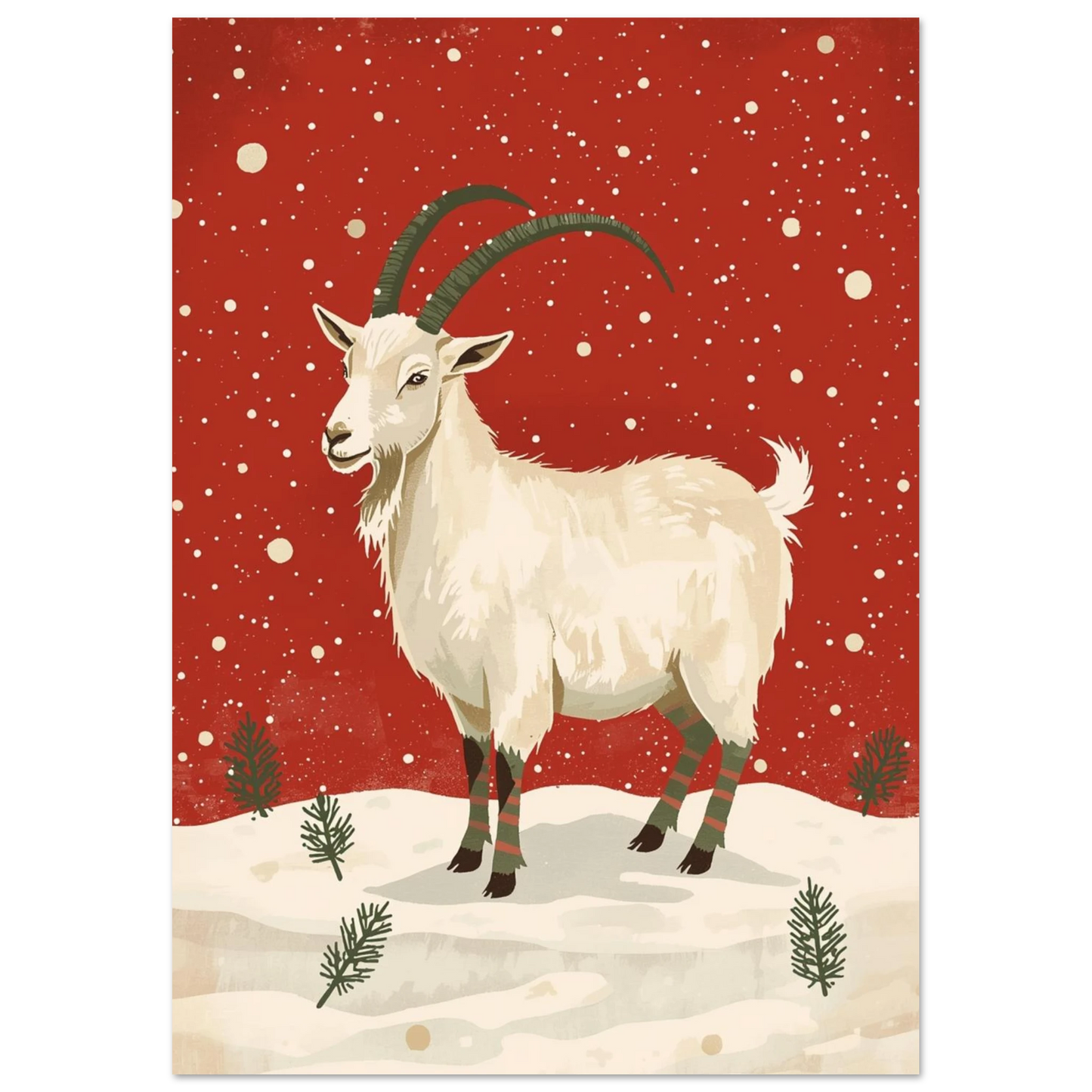 Skandinavisk juldesign med en vit get och snöflingor – grafisk poster