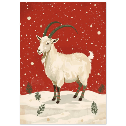 Skandinavisk juldesign med en vit get och snöflingor – grafisk poster