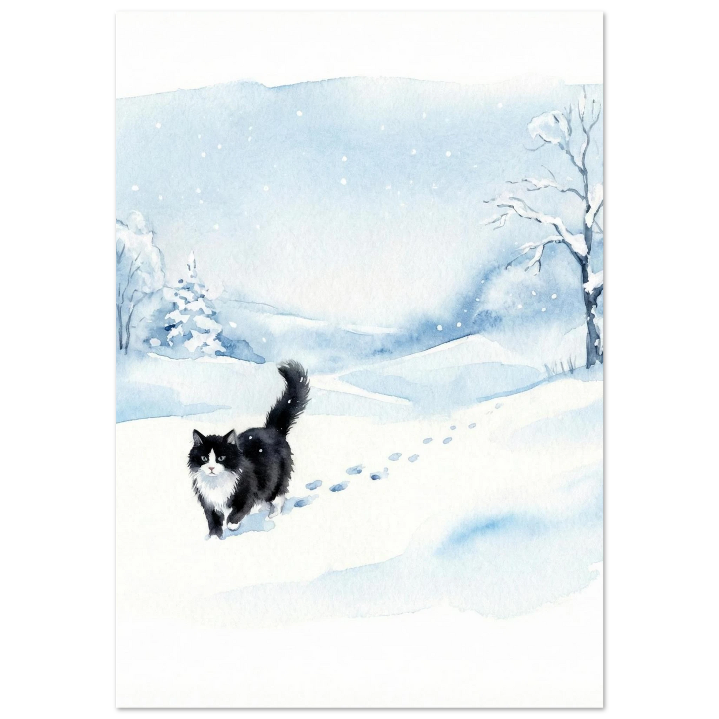 Svartvit tuxedo-katt vandrar i snöigt vinterlandskap, akvarellmålning med blå toner