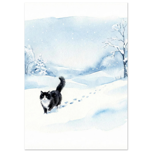 Svartvit tuxedo-katt vandrar i snöigt vinterlandskap, akvarellmålning med blå toner