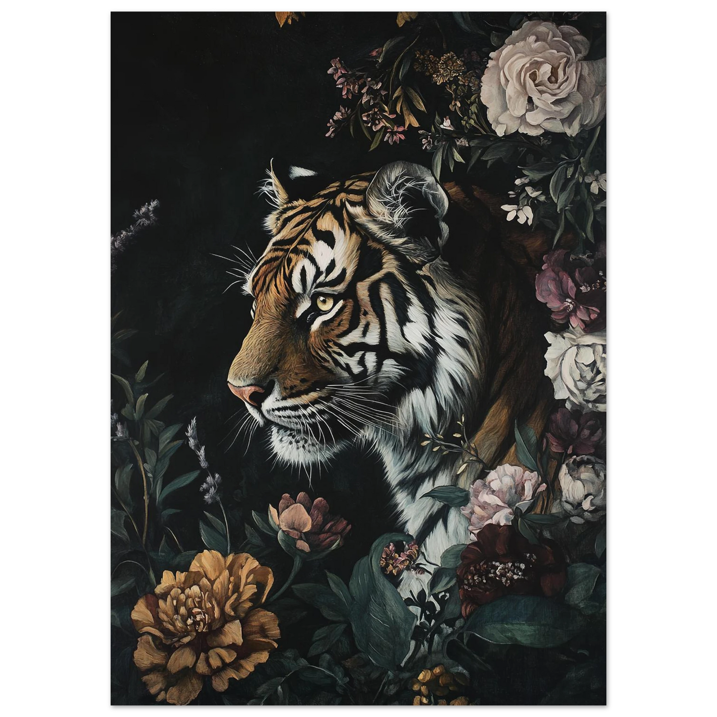 Närbild på tiger i blommig inramning, mörk konststil för väggkonst