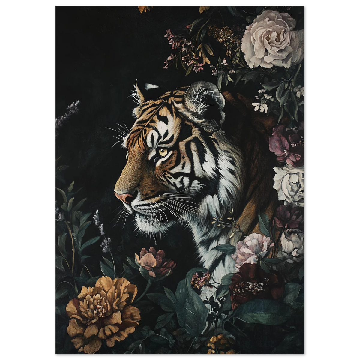 Närbild på tiger i blommig inramning, mörk konststil för väggkonst