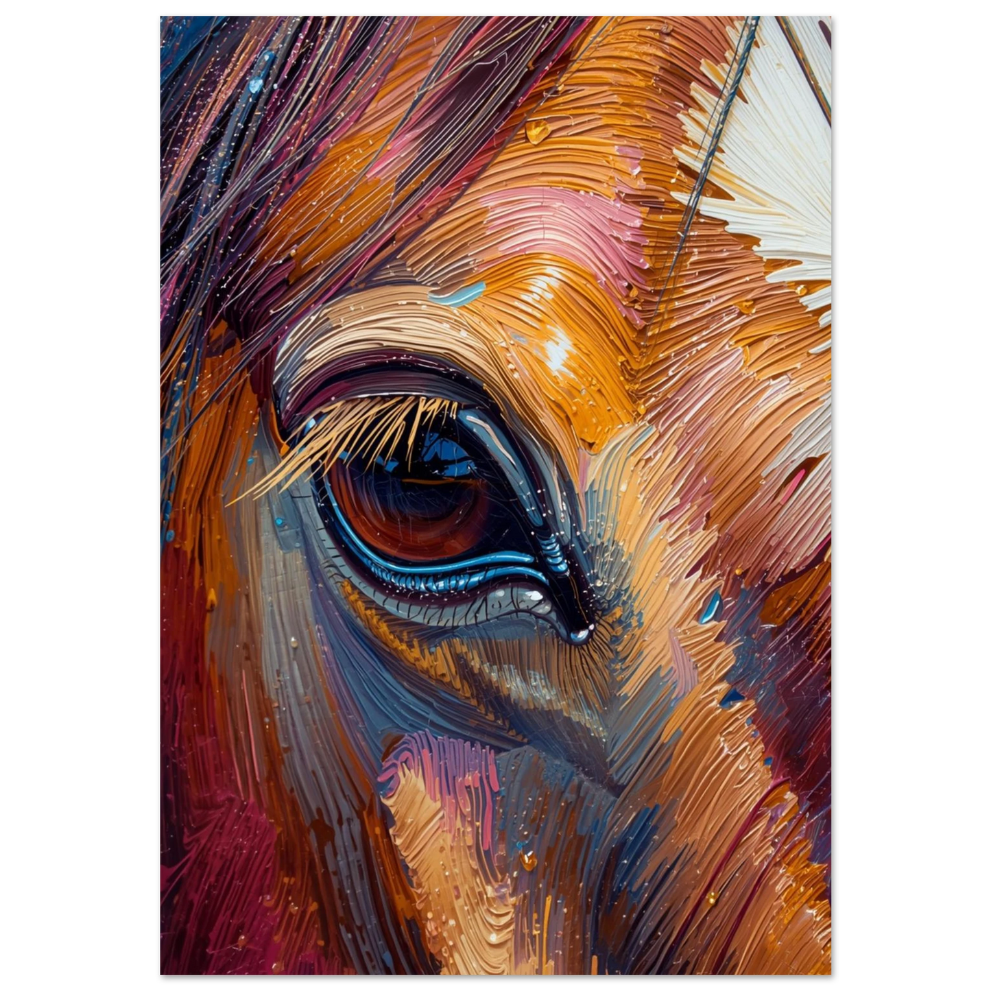 Närbild av hästöga i färgstark impasto-stil med varma guldtoner