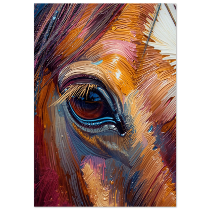 Närbild av hästöga i färgstark impasto-stil med varma guldtoner