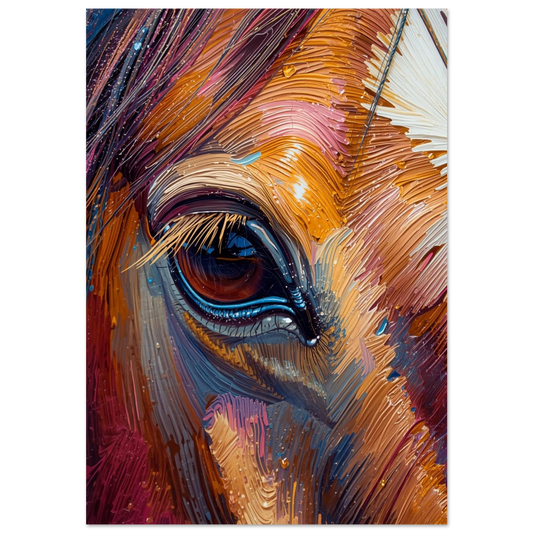 Närbild av hästöga i färgstark impasto-stil med varma guldtoner