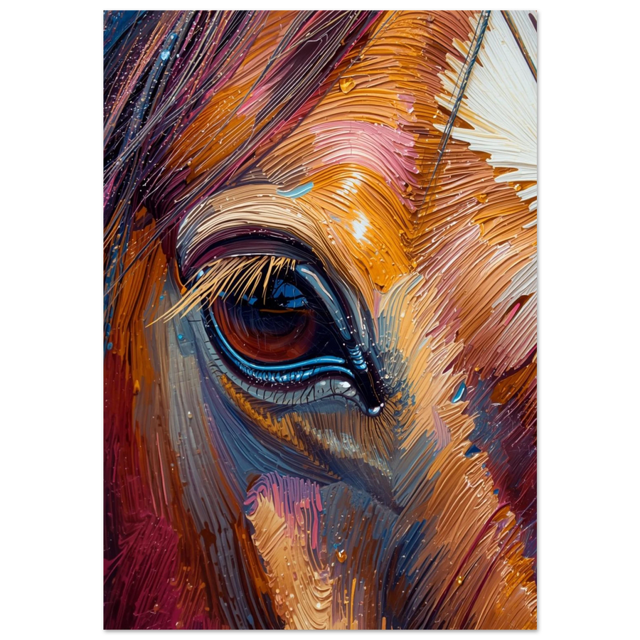 Närbild av hästöga i färgstark impasto-stil med varma guldtoner