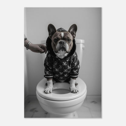 Snygg hundposter föreställande fransk bulldog i mörk hoodie på vit toalett