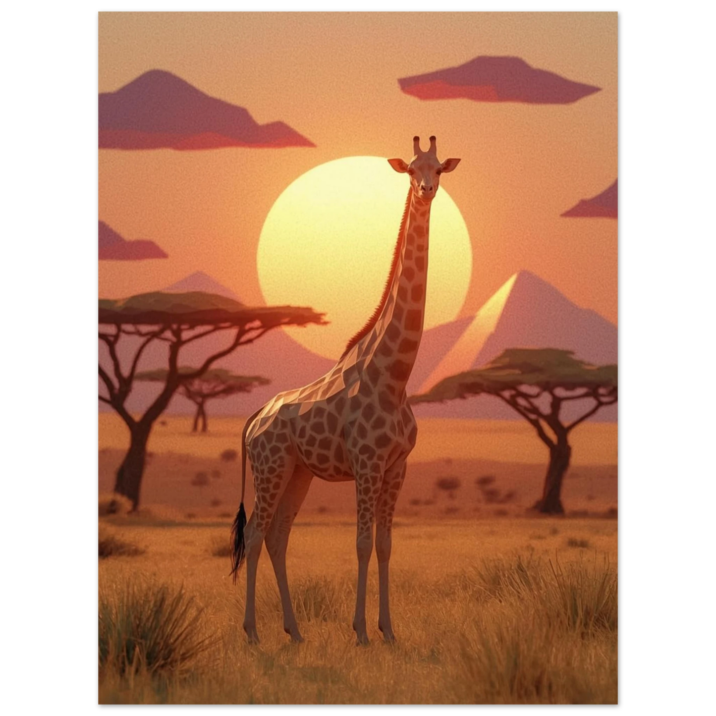 Djurmotiv med giraff och akaciaträd i varmt orange och lila