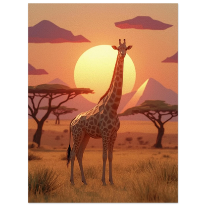 Djurmotiv med giraff och akaciaträd i varmt orange och lila