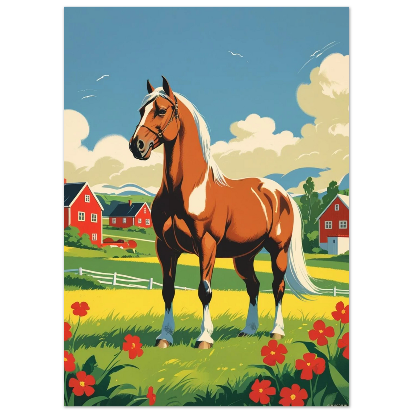 Illustration av häst på blommig äng med röda stugor – väggkonst