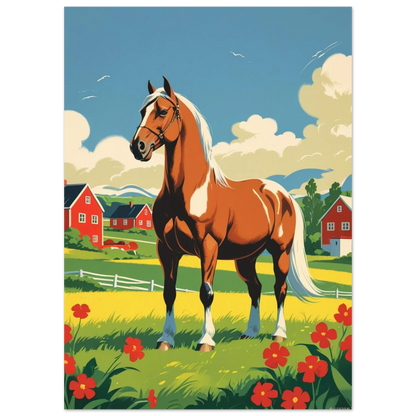 Illustration av häst på blommig äng med röda stugor – väggkonst