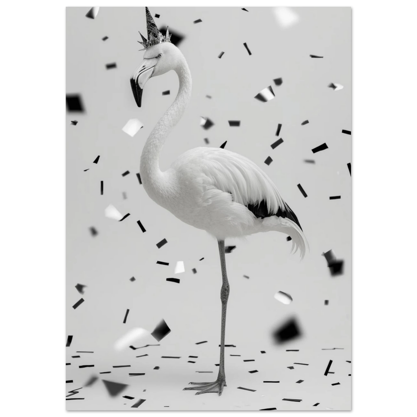 Närbild på en flamingo bärandes en liten krona, lekfull fotokonst i svartvitt