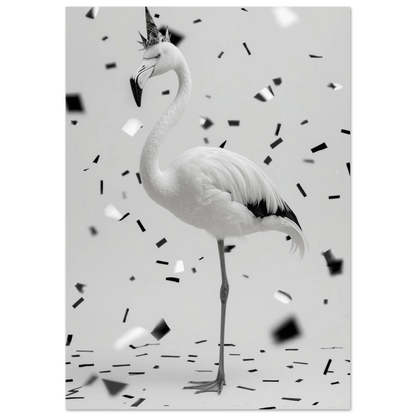 Närbild på en flamingo bärandes en liten krona, lekfull fotokonst i svartvitt