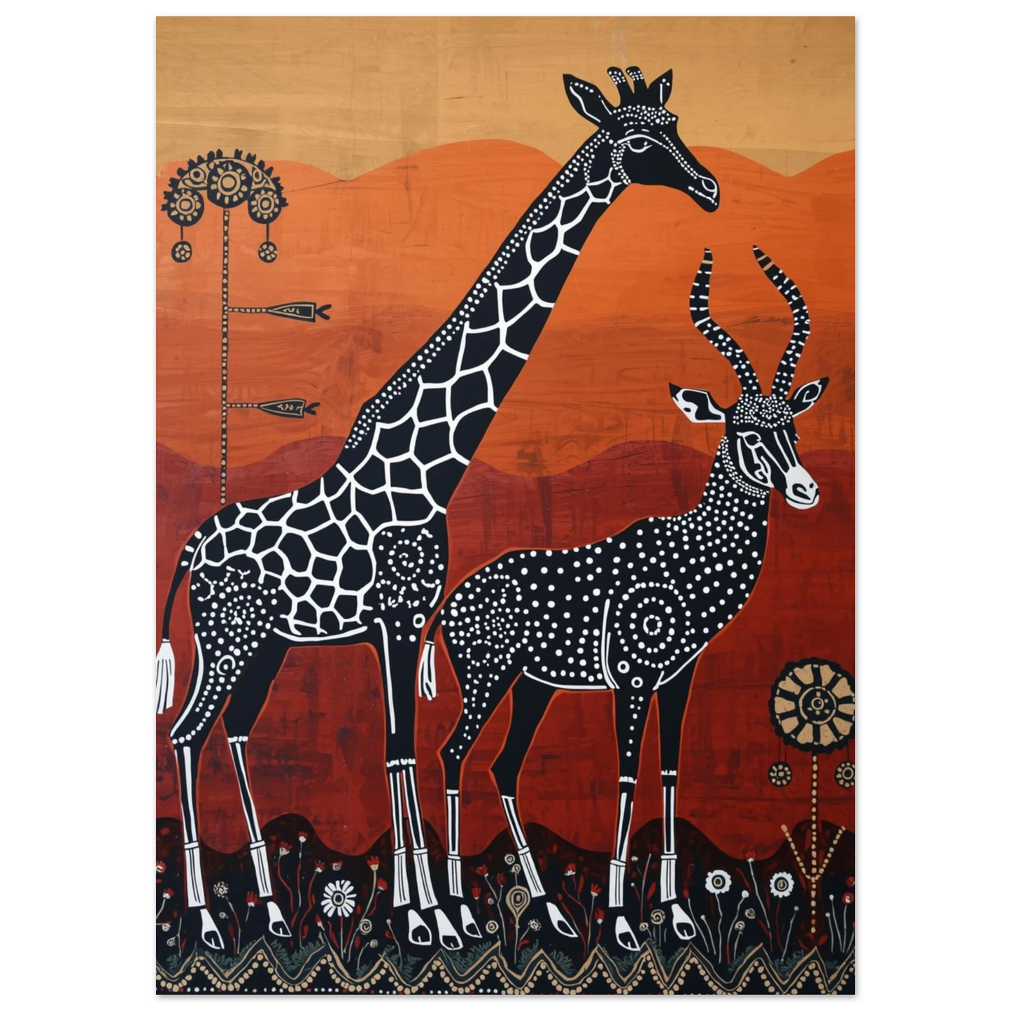 Afrikanskt djurmotiv med mönstrad giraff och antilop i etiopisk konststil