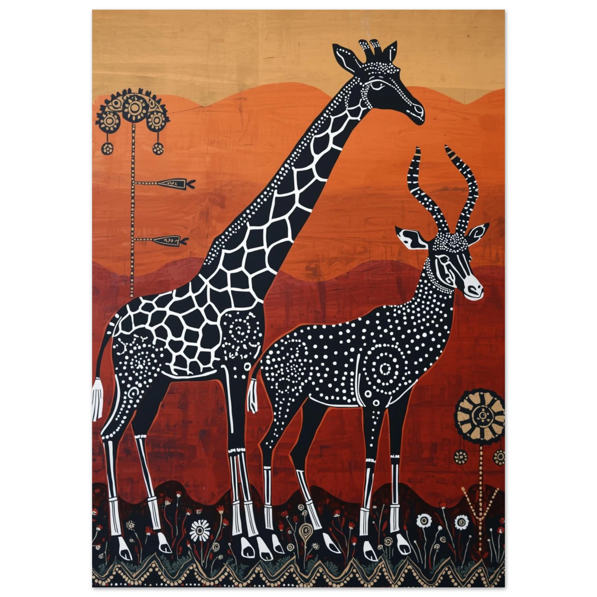 Afrikanskt djurmotiv med mönstrad giraff och antilop i etiopisk konststil