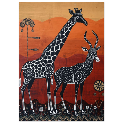 Afrikanskt djurmotiv med mönstrad giraff och antilop i etiopisk konststil