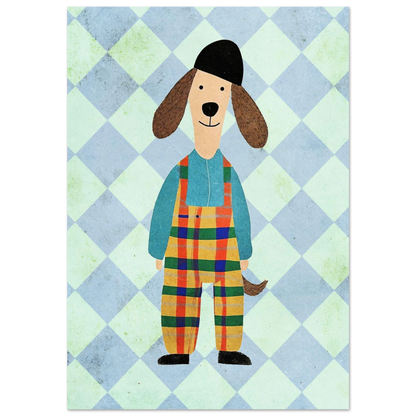 Lekfull hund i gulrutiga hängselbyxor och svart mössa mot rutmönster