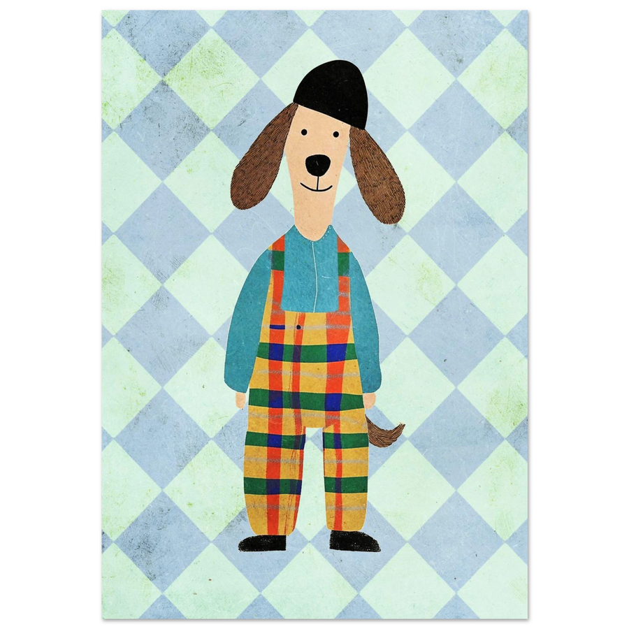 Lekfull hund i gulrutiga hängselbyxor och svart mössa mot rutmönster