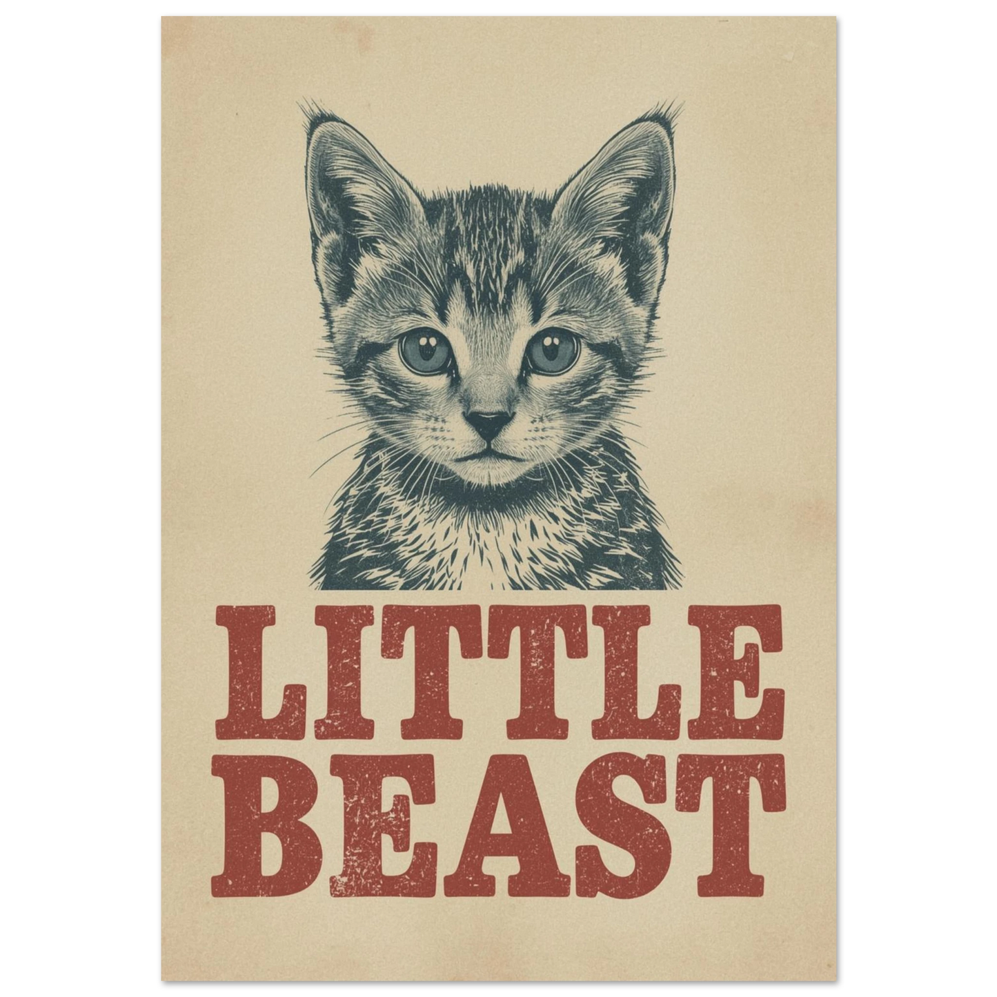 Vintageillustration av en randig kattunge med texten Little Beast