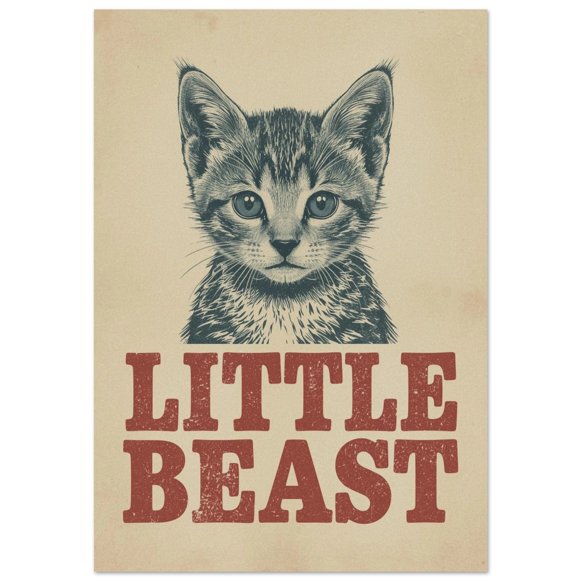 Vintageillustration av en randig kattunge med texten Little Beast