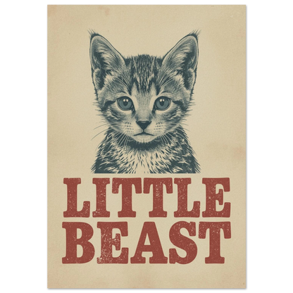 Vintageillustration av en randig kattunge med texten Little Beast