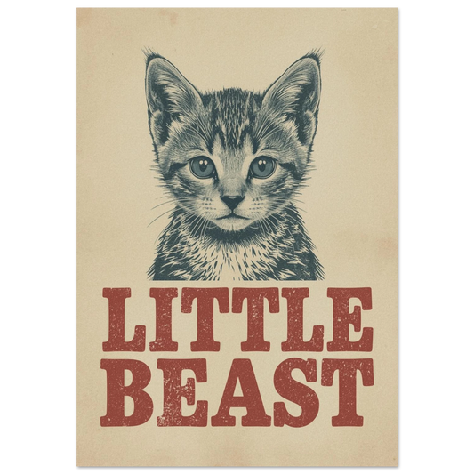 Vintageillustration av en randig kattunge med texten Little Beast
