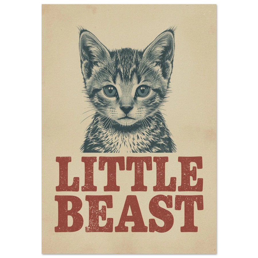 Vintageillustration av en randig kattunge med texten Little Beast
