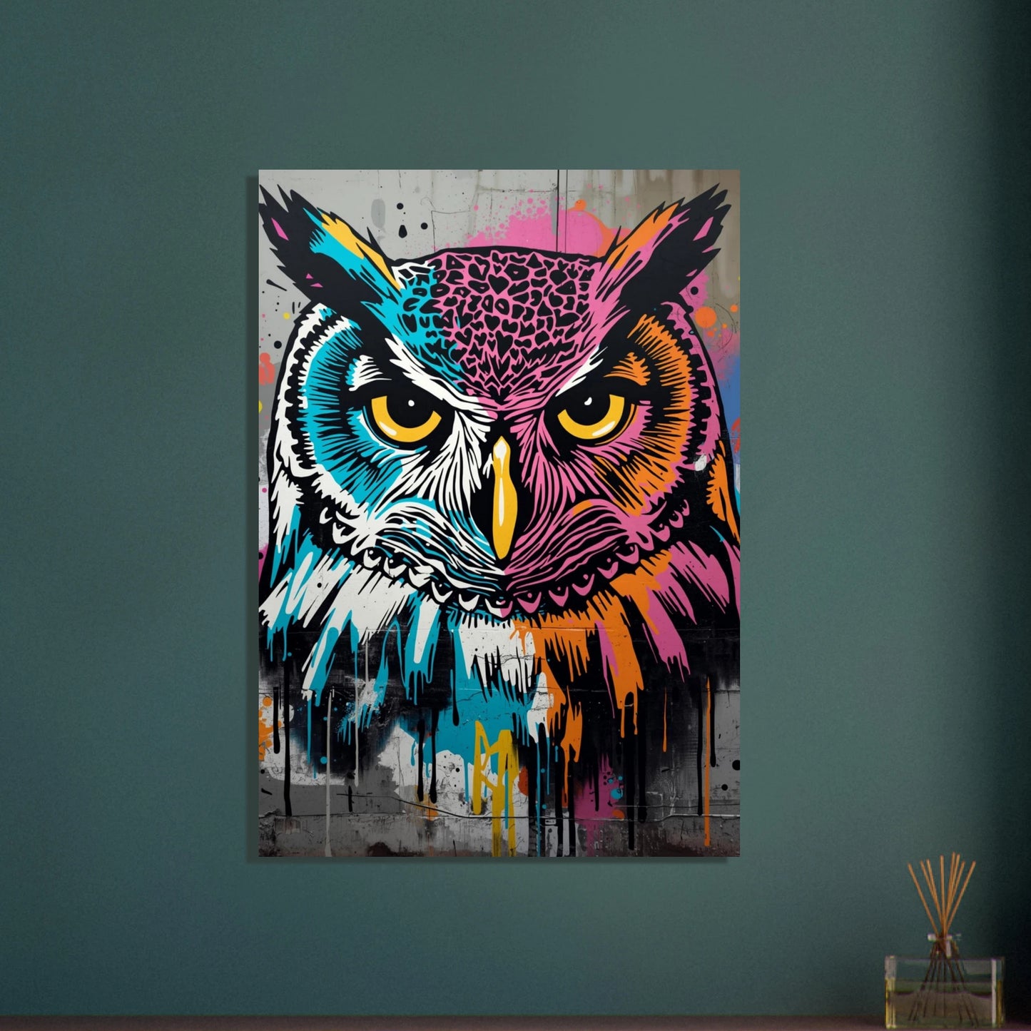 Stiliserad uggla i graffiti-popart med intensiva ögon